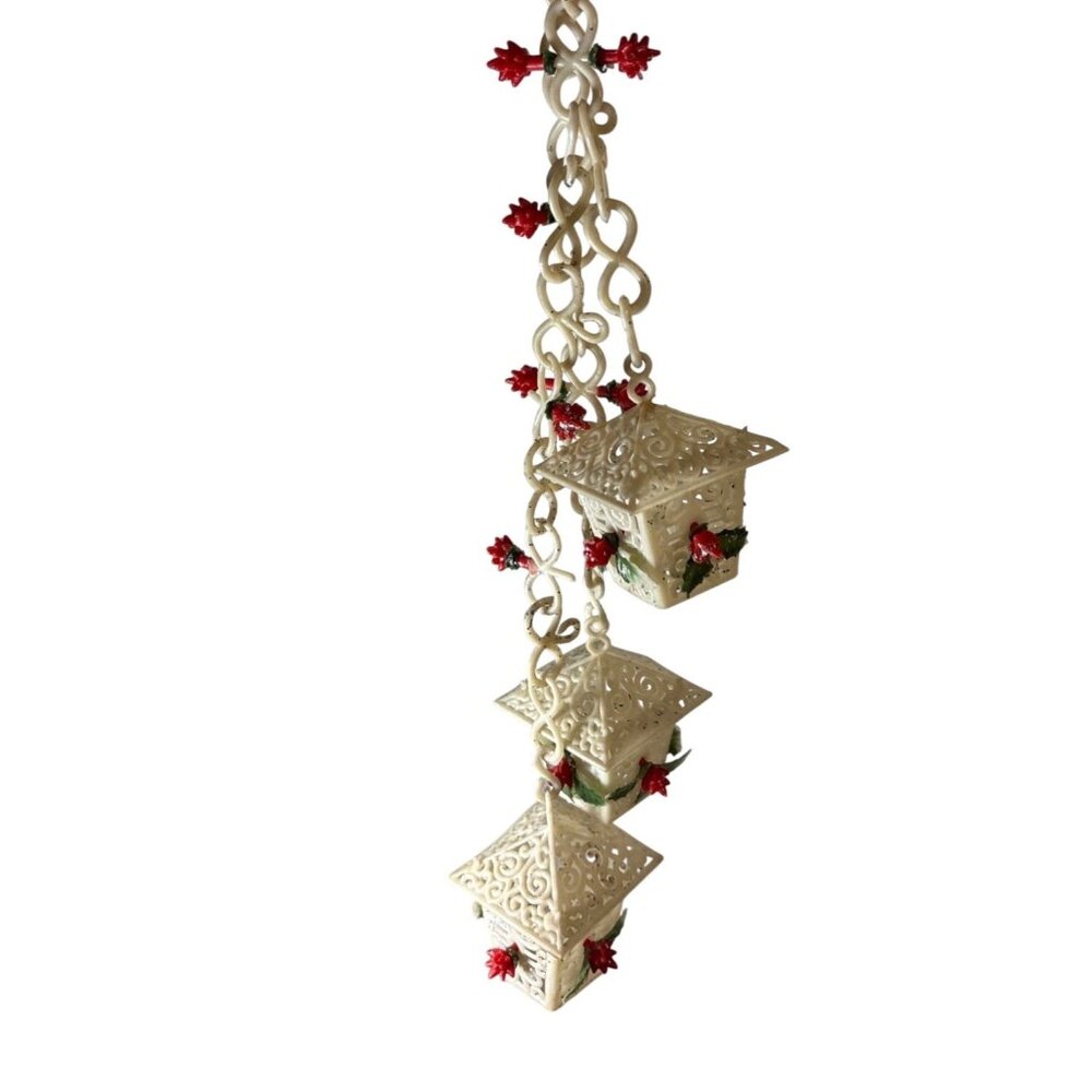 Vtg Plastic Hanging Lantern Christmas Decoration With Red Flowers Green Leaves